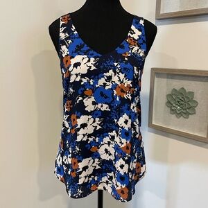 RW&CO. Blue/White/Brown Floral V-Neck Blouse EUC